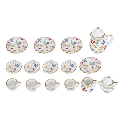 Afbeelding van 1:12 poppenhuisaccessoires, 15 stuks mini porseleinen bloem theekopje set poppenhuis decor keuken miniatuur simulatie meubelset model voor jongens meisjes poppenhuizen (Tie 3)