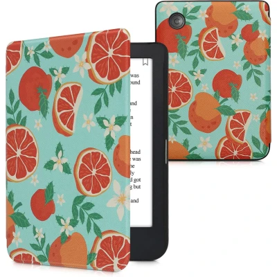 Afbeelding van kwmobile E reader hoesje geschikt voor Kobo Clara 2E hoes flip case met magnetische sluiting Ereader cover Sinaasappels en oranjebloesems design in oranje / blauw wit