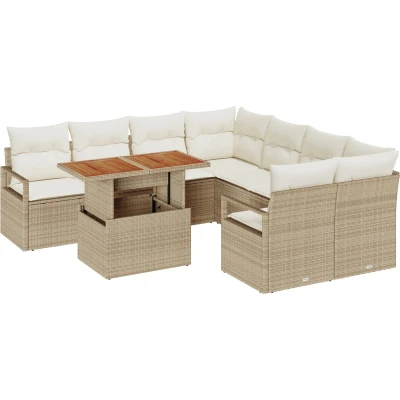 Afbeelding van vidaXL 9 delige tuinbankset met kussens Beige Poly Rattan Acacia