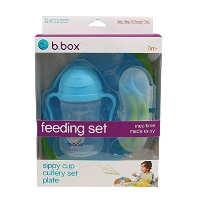 Afbeelding van b.box Voedingsset Siliconen verdeelde plaat Sippy Cup &amp; 2 zachte lepel helpt zelfvoeding Verstelbare Bib gemakkelijk schoon te vegen Ocean Breeze
