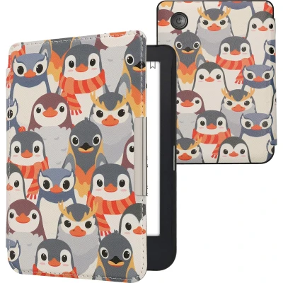 Afbeelding van kwmobile E reader hoesje geschikt voor Kobo Clara 2E hoes flip case met magnetische sluiting Ereader cover Pinguïn Ontwerp design in grijs / geel bruin