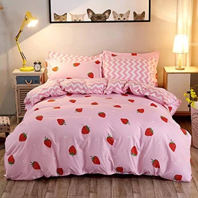 Afbeelding van Loussiesd Zomerfruit dekbedovertrekset, roze aardbeien, kingsize, mooie beddengoedset, decoratieve dekbedovertrek met 2 kussenslopen beddengoed en linnen, levendige microvezel dekbedovertrek, rood 3 rits