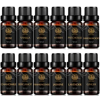 Afbeelding van Aromatherapie etherische olie set voor diffuser (roos, jasmijn, sandelhout, vanille, vetiver, mirre, patchouli en anderen), 100% pure oliën set, 12x10ml therapeutische kwaliteit
