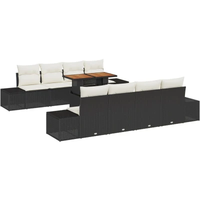 Afbeelding van vidaXL 9 delige tuin eetset met kussens zwart poly rattan acacia
