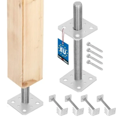 Afbeelding van KOTARBAU® Set van 4 Paaldrager, 80 mm x 250 mm, schroefdraad M24 verzinkt, steunpoot, in hoogte verstelbaar, vloervoet, betonvoet om vast te schroeven, regelbaar