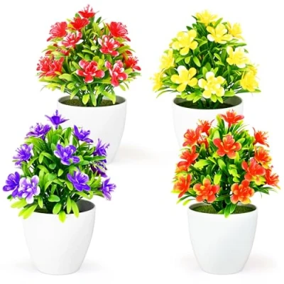 Afbeelding van 4 stuks kunstbloemen, kunstbloemen in pot, mini kunstplanten, planten als echt pot voor tafeldecoratie, binnen en buitendecoratie, tuin, café, kantoor