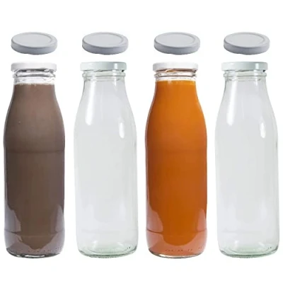 Afbeelding van 4 glazen flessen 500 ml sapflessen melkflessen met 8 deksels kleur wit incl. etiketten