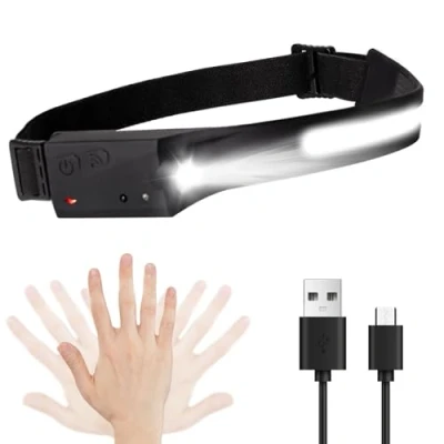Afbeelding van LQWELL® koplamp led oplaadbaar, COB breedstraal &amp; spotlight type C USB oplaad hoofdlamp, 5 modi waterdichte met bewegingssensor voor nachtlopen, fietsen, kamperen, repareren