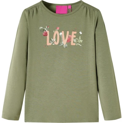 Afbeelding van Kindershirt met lange mouwen love print 128 kakikleurig