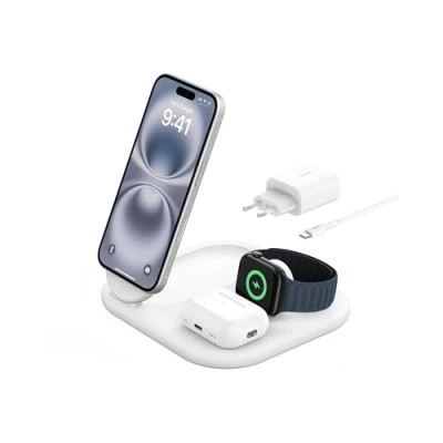 Afbeelding van Belkin MagSafe oplader, BoostCharge 3 in 1 magnetische inklapbare lader met Qi2 15W compatible oplader voor Apple iPhone 15, Watch, AirPods, anti slip voet, voedingsadapter Wit
