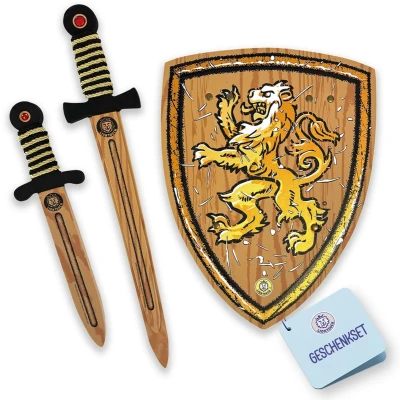 Afbeelding van Liontouch WoodyLion Set Voor Jongens &amp; Meisjes Leeftijd 3 8 Jaar Houtachtig Zwaard, Schild Dolk In Schuim Buitenspel Veilige Flexibele Wapenaccessoires Met Edelstenen Verkleden
