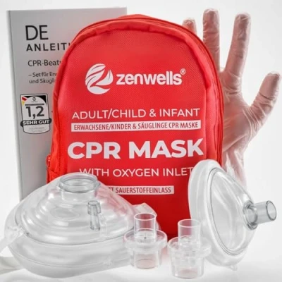 Afbeelding van CPR Beademingsmasker, EHBO set voor volwassenen, kinderen en zuigelingen, zakmasker in soft case (rood) met eigen ventiel zuurstofinlaat