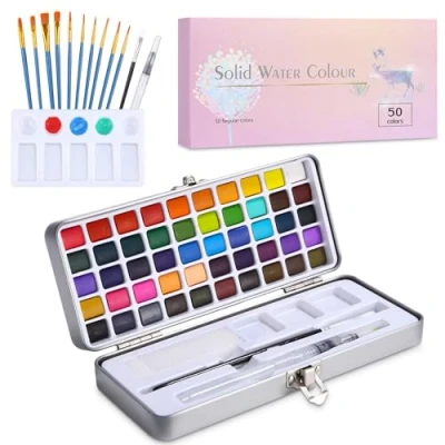 Afbeelding van SinLaw Aquarelverfset, draagbare doos met 50 kleuren, aquarelverf, waterverfset 11 penselen, 1 palet en andere schildergereedschappen, perfecte waterverf voor op reis kunstenaars,