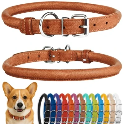 Afbeelding van CollarDirect Opgerolde lederen halsband, zachte gewatteerde ronde puppyhalsband, handgemaakte echt halsband hond kleine grote halsbanden zwart roze rood paars blauw (geschikt voor 30 38 cm