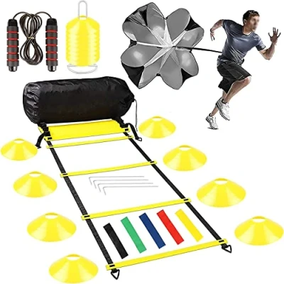 Afbeelding van Jewaytec Agility Speed Voetbaltrainingsset, coördinatieladder, trainingsaccessoireset inclusief 8 m trainingsladder, 16 x kegels voor slalom, weerstand parachute, springtouw, 5 weerstandsbanden