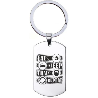Afbeelding van Sleutelhanger RVS Eat Sleep Train Repeat