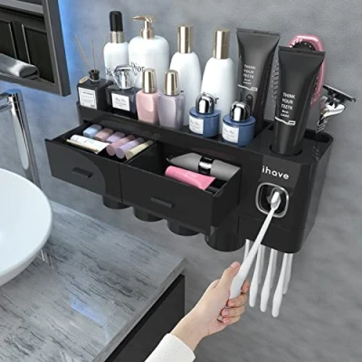 Afbeelding van iHave Tandenborstelhouders Badkamer Opslag, 4 Kopjes Tandenborstelhouder Wandmontage met Tandpasta Dispenser, Grote Capaciteit Opslag &amp; Organisatie