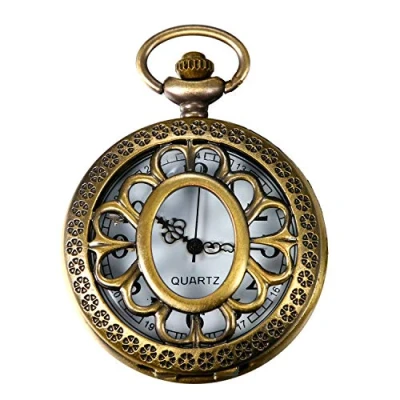 Afbeelding van JewelryWe Bronzen Vintage Opengewerkte Cover Stijlvolle Retro Zonnebloem Ontwerp Quartz Zakhorloge 31.5 Inch Ketting