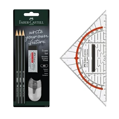 Afbeelding van Faber Castell 205067 Potloden Examenset met set vierkant 14 cm, HB potloden, gum en puntenslijper