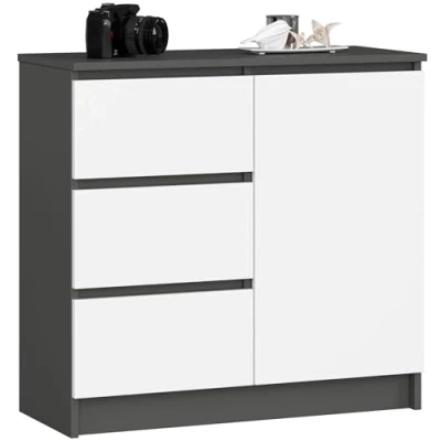 Afbeelding van AKORD Commode K 80 Jerry met 3 laden Kast 2 planken en 1 deur Voor de woonkamer slaapkamer Modern 16mm gelamineerde plaat 80x77x35 cm Grafietgrijs + wit front