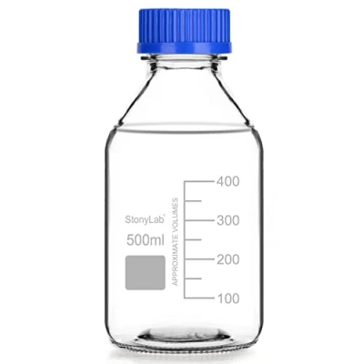 Afbeelding van stonylab Gegradueerde Opslagflessen met GL45 Schroefdop, 500 ml Borosilicaatglas Helder Rond Laboratoriumreagens voor Reagensmedia Blauwe 1 Stuk