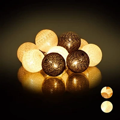 Afbeelding van Relaxdays LED lichtsnoer met 10 ballen sfeerverlichting feestverlichting katoen Wit grijs zwart