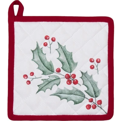 Afbeelding van Clayre &amp; Eef Pannenlap 20x20 cm Wit Rood Katoen Vierkant Hulstbladeren Afgiet