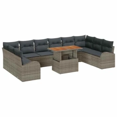 Afbeelding van vidaXL 11 delige tuinset met kussens in grijs poly rattan
