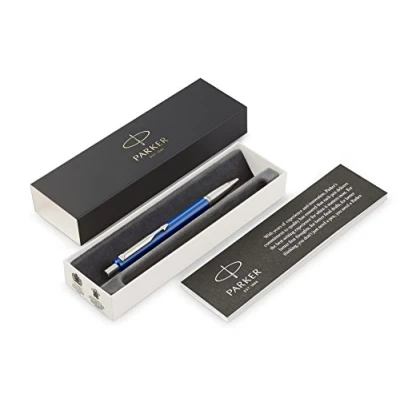 Afbeelding van Parker Vector Balpen met chroom afwerking, medium punt, blauwe inkt, geschenkdoos, blauw