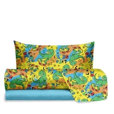 Afbeelding van Hermet Jolly beddengoedset voor eenpersoonsbed, dinosaurus, 100% katoen, laken + hoeslaken kussensloop, kinderkamer