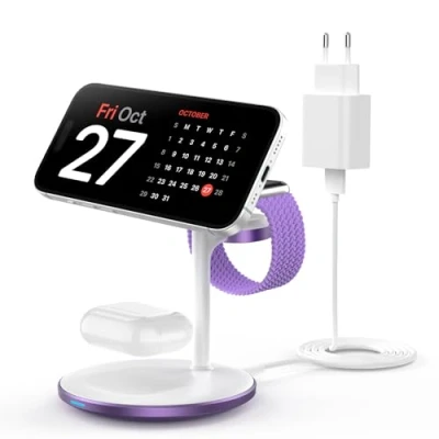 Afbeelding van Mag Safe 3 in 1 inductief laadstation voor meerdere apparaten, 15 W iPhone 14, MagSafe oplader iWatch Ultra 2/1/Series 9, AirPods, paars