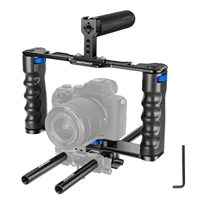 Afbeelding van NEEWER Montagekit voor videocamera&#039;s van aluminiumlegering met twee bovenste handgreep, 15 mm stangen, compatibel Sony A7S III, A6600 Canon EOS R5 R6 DSLR spiegelloze camera, zwart/blauw