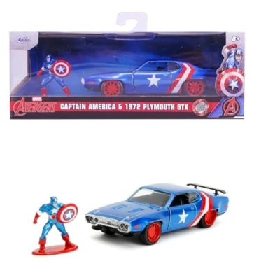 Afbeelding van Jada Toys Marvel Captain America 1971 Plymouth GTX incl. figuur, modelauto van metaal, 1:32, deuren om te openen, 13,5 cm, voor fans en kinderen vanaf 8 jaar