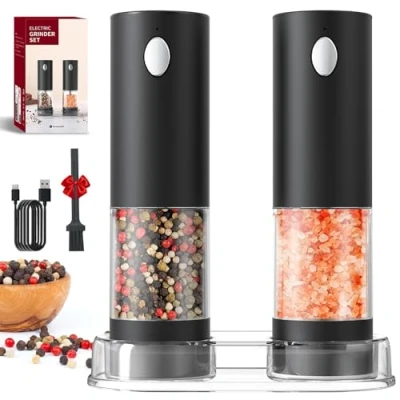 Afbeelding van CIRCLE JOY Peper en zoutmolenset, elektrisch, oplaadbaar, kruidenmolen met basis, wasbare transparante container van 95 ml, wit ledlicht grofheid, verstelbaar, zwart