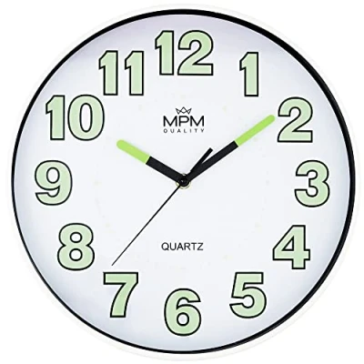 Afbeelding van MPM Quality Lumini wandklok met luminescentie, kwartsuurwerk, veeg, wit/zwart, wanddecoratie diameter 300 x 40 mm, ronde design modern voor woonkamer, keuken, kantoor,