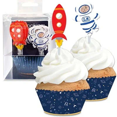 Afbeelding van Scrapcooking Set met 24 vormpjes en toppers voor cupcakes ruimtethema decoraties gebak, desserts, cakes, koekjes, verjaardagen taartdesign 5070 blauw