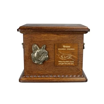 Afbeelding van Art Dog Urn voor hondenas Handgemaakt gedenkteken met reliëf, gepersonaliseerde gravure en koudgegoten bronzen buste 8,3x11,4x8,7 Franse bulldog