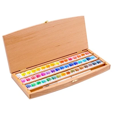 Afbeelding van White Nights Russische kunstenaars aquarelverf in een set, 48 kleuren hele potjes houten doos, hoge briljantie en helderheid