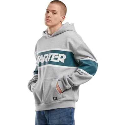 Afbeelding van Starter Across Stripe hoodie voor heren, casual mannen, starterscriptie, losse pasvorm, Heathergrey/Teal, S