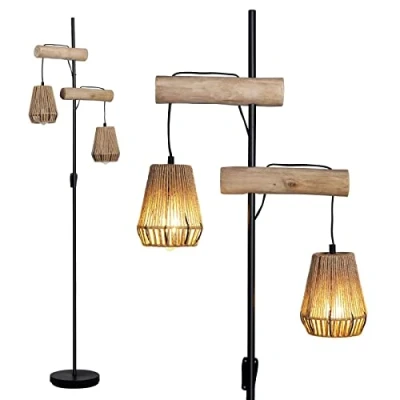 Afbeelding van vloerlamp hout Boho 2 lampenkap rotan boerderij met ON/UIT binnenpental schakelaar, rustieke schermen, hoge vloerlampen voor woonkamer slaapkamer kantoor