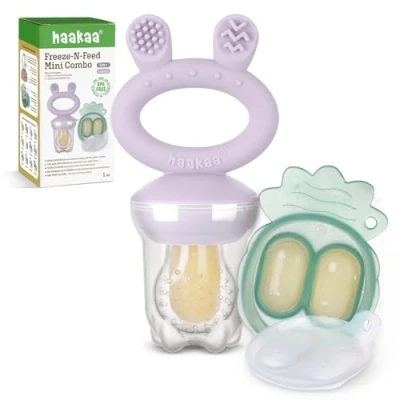 Afbeelding van Haakaa Baby Fruit Voerbakje Mini diepvriezer Knabbelbakje Combo,Moedermelk ijslollyvormpjes, BPA vrije siliconen voerbak voor veilig zelf voeden, 4 maanden+ lavendel