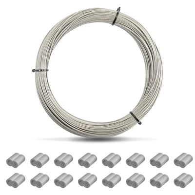 Afbeelding van 164 voet 1 mm foto opknoping draad, roestvrij staal fotolijst draad met 50 stuks aluminium krimphulzen, zware fotodraad voor kunstwerk (staal)