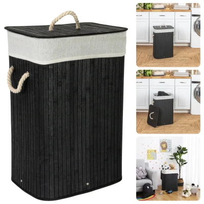 Afbeelding van Cheqo® Bamboe XL Wasmand Zwart Opvouwbaar 72L met Deksel en Draaghengsels Wassorteerder Waszak