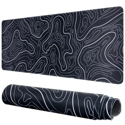Afbeelding van Gaming muismat topografische lange groot 80 x 30 cm bureauonderlegger mat met antislip basis genaaide rand toetsenbord voor kantoor bureau onderlegmat (zwart)