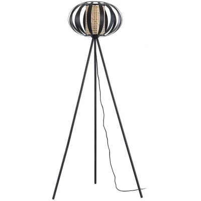 Afbeelding van Lindby vloerlamp Driepoot 1licht Metaal, rotan H: 143 cm E27 zwart, licht hout