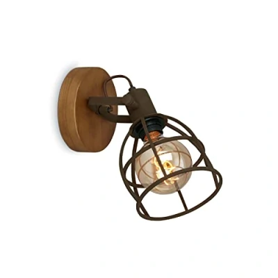 Afbeelding van Briloner Leuchten Wandspot retro met raster kap, 1 lichts wandlamp vintage, E27 fitting max. 25 watt, verstelbare lampenkap, rustieke van hout en staal, donkerbruin