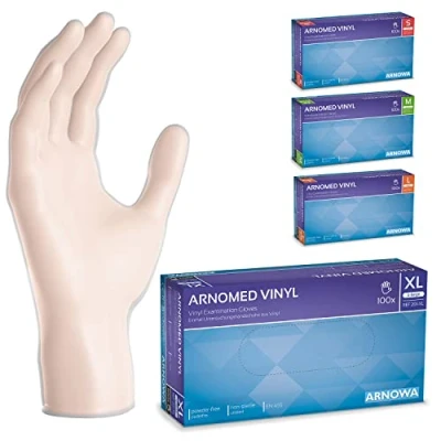 Afbeelding van Wegwerphandschoenen ARNOMED vinyl XL, 100 stuks per doos, poedervrije wegwerphandschoenen, handschoenen verkrijgbaar in de maten S, M, L &amp; XL