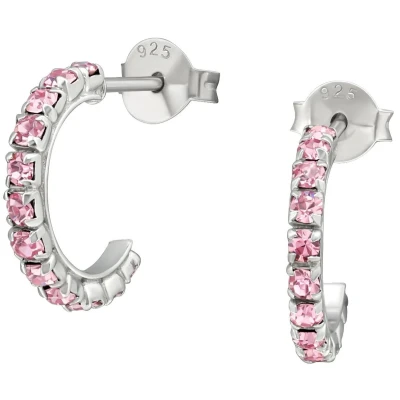 Afbeelding van JoyS Zilveren oorringen stud 14 mm / 2 roze zirkonia rhodium gehodineerd sterling zilver 925 oorbellen