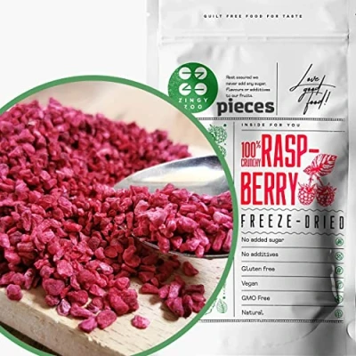 Afbeelding van Gevriesdroogde Framboos Stukjes Freeze Dried fruit Raspberry Pieces Vegan Glutenvrij Gefriergetrocknete Himbeeren Gedehydrateerd Gedroogde Frambozen Natuurlijke Fruitsnack ZingyZoo (100g)