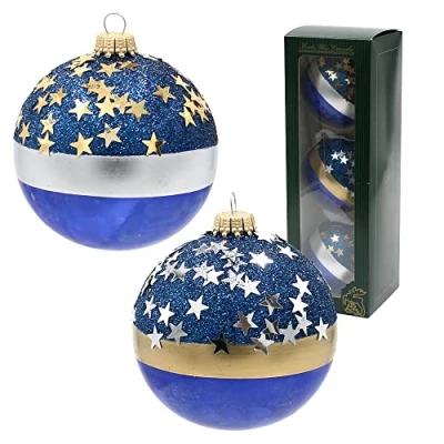 Afbeelding van Dekohelden24 Lauschaer Kerstboomversiering set van 3 glazen ballen in kobaltblauw, tweekleurig, mondgeblazen en met de hand gedecoreerd sterren, gouden kroontjes, diameter ca. 8 cm